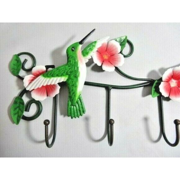 Hummingbird Garden Metal Wall Art Scroll Vine Hand Painted Flowers 4-Hooks NEW - Picture 2 of 5
